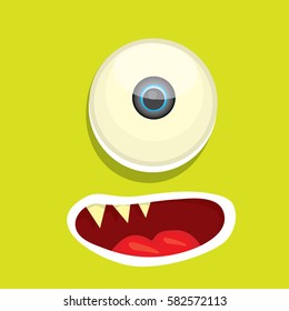 vector green funny monster face. cartoon monster smiling face with big eyes and mouth for kids background, banners and greeting cards