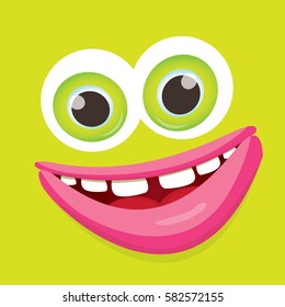 vector green funny monster face. cartoon monster smiling face with big eyes and mouth for kids background, banners and greeting cards