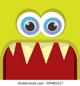 vector green funny monster face. cartoon monster smiling face with big eyes and mouth for kids background, banners and greeting cards