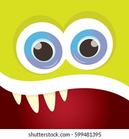 vector green funny monster face. cartoon monster smiling face with big eyes and mouth for kids background, banners and greeting cards