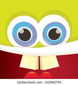 vector green funny monster face. cartoon monster smiling face with big eyes and mouth for kids background, banners and greeting cards