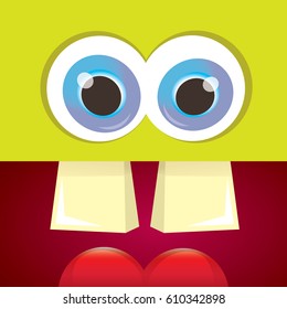 vector green funny monster face. cartoon monster smiling face with big eyes and mouth for kids background, banners and greeting cards