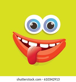 vector green funny monster face. cartoon monster smiling face with big eyes and mouth for kids background, banners and greeting cards