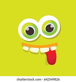 
vector green funny monster face. cartoon monster smiling face with big eyes and mouth for kids background, banners and greeting cards