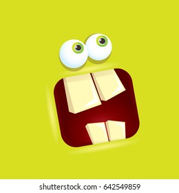 
vector green funny monster face. cartoon monster smiling face with big eyes and mouth for kids background, banners and greeting cards