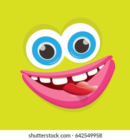 
vector green funny monster face. cartoon monster smiling face with big eyes and mouth for kids background, banners and greeting cards