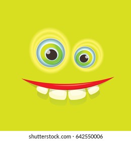 
vector green funny monster face. cartoon monster smiling face with big eyes and mouth for kids background, banners and greeting cards