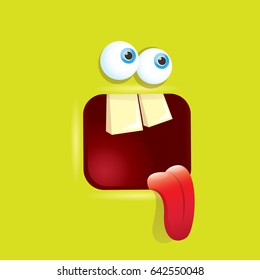
vector green funny monster face. cartoon monster smiling face with big eyes and mouth for kids background, banners and greeting cards