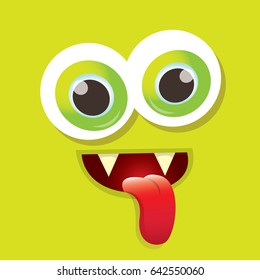
vector green funny monster face. cartoon monster smiling face with big eyes and mouth for kids background, banners and greeting cards