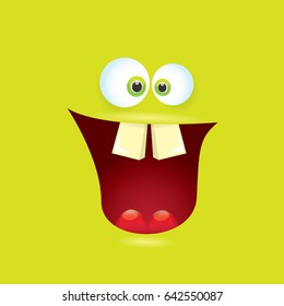 
vector green funny monster face. cartoon monster smiling face with big eyes and mouth for kids background, banners and greeting cards