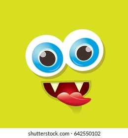 
vector green funny monster face. cartoon monster smiling face with big eyes and mouth for kids background, banners and greeting cards