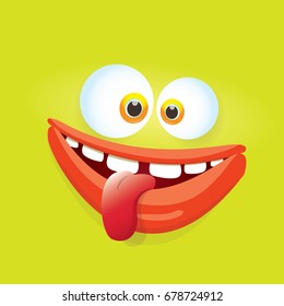 vector green funny monster face. cartoon monster smiling face with big eyes and mouth for kids background, banners and greeting cards