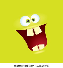 vector green funny monster face. cartoon monster smiling face with big eyes and mouth for kids background, banners and greeting cards