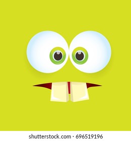 vector green funny monster face. cartoon monster smiling face with big eyes and mouth for kids background, banners and greeting cards