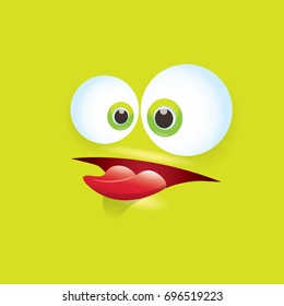 vector green funny monster face. cartoon monster smiling face with big eyes, mouth and tongue sticking out for kids background, banners and greeting cards