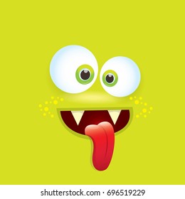 vector green funny monster face. cartoon monster smiling face with big eyes, mouth and tongue sticking out for kids background, banners and greeting cards