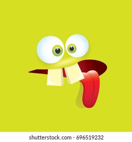 vector green funny monster face. cartoon monster smiling face with big eyes, mouth and tongue sticking out for kids background, banners and greeting cards