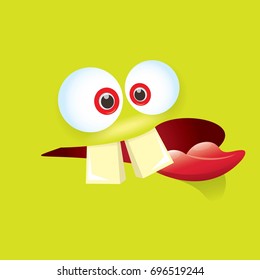 vector green funny monster face. cartoon monster smiling face with big eyes, mouth and tongue sticking out for kids background, banners and greeting cards