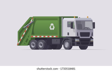Vector green garbage truck. Rear loader. Isolated illustration