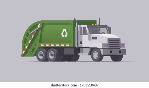 Camión de basura verde vector. Cargador trasero. Ilustración aislada