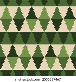 Vector green geometric Christmas tree seamless pattern background inspired by ugly Christmas jumpers. Ideal for Christmas gifts and decorations. Perfect for fabric, wallpaper, wrapping, scrapbooking