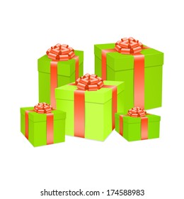 Vector green gift box with red bow ribbon.