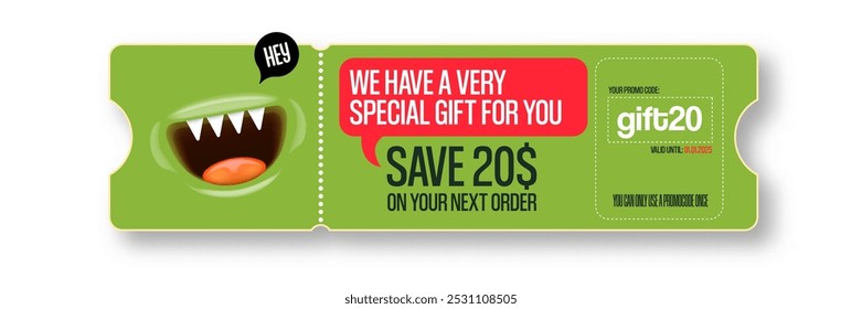 Vector green Gift Voucher with Coupon Code And Cute Funny Monster Character. Kawaii Design with Happy Face Emoji. Green Discount Offer Graphic with Promo Code for restaurant and cafe.