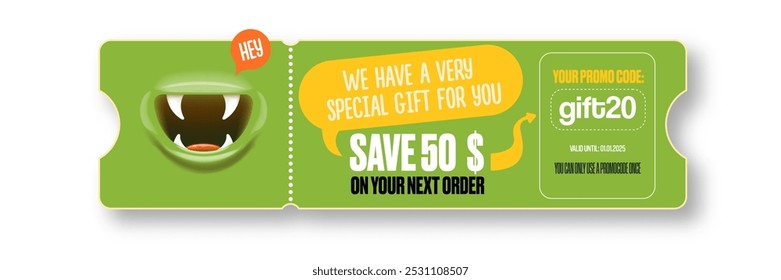 Vector green Gift Voucher with Coupon Code And Cute Funny Monster Character. Kawaii Design with Happy Face Emoji. Green Discount Offer Graphic with Promo Code for restaurant and cafe.