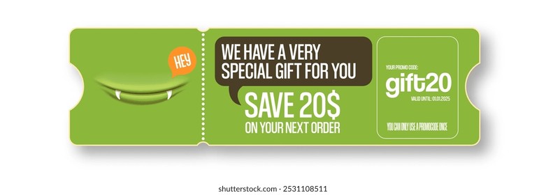 Vector green Gift Voucher with Coupon Code And Cute Funny Monster Character. Kawaii Design with Happy Face Emoji. Green Discount Offer Graphic with Promo Code for restaurant and cafe.