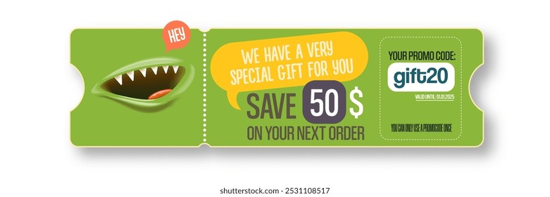 Vector green Gift Voucher with Coupon Code And Cute Funny Monster Character. Kawaii Design with Happy Face Emoji. Green Discount Offer Graphic with Promo Code for restaurant and cafe.