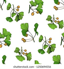Vector Green ginkgo leaf. Plant botanical garden floral foliage. Engraved ink art. Seamless background pattern. Fabric wallpaper print texture.