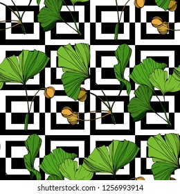 Vector Green ginkgo leaf. Plant botanical garden floral foliage. Engraved ink art. Seamless background pattern. Fabric wallpaper print texture.