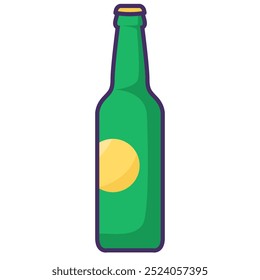 Garrafa de vidro verde vetorial para cerveja, sidra, refrigerante ou limonada em um estilo de contorno brilhante. Símbolo de fornecimento, armazenamento e entrega de alimentos