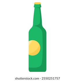 Vector green glass bottle for beer, cider, soda, or lemonade in a bright flat style. Packaging of food supply, storage, and delivery symbol. The icon is suitable for web design, online shop, print,