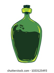 Vector green glass bottle hand drawn illustration. Isolated object on white