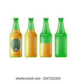 Botellas de vidrio verde vectorial aisladas sobre fondo blanco. Botella de cerveza con etiqueta, botella de cerveza vacía y colección completa de botellas de cerveza. 