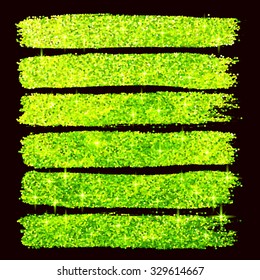 Vector green glitter brush strokes set isolated at black background