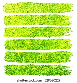 Vector green glitter brush strokes set isolated at white background