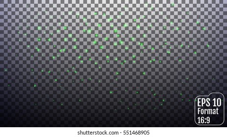 Vector green glitter particles background effect for luxury greeting rich card. Sparkling texture. Star dust sparks in explosion on transparent background. Format 16:9