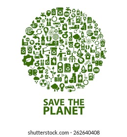Vector green globe of ecological icons and signs