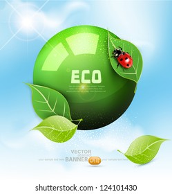 vector green globe with leaves and ladybug against the blue sky