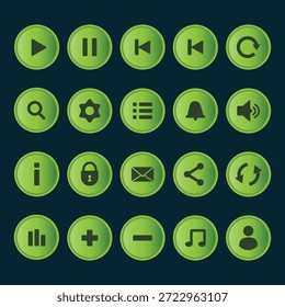 Vector Green Glossy UI Icon Set for Mobile App and Media Controls on Dark Background.