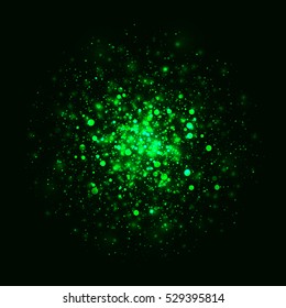 Vector green glowing light.  Glitter abstract background. Magic energy glow light effect. Star burst with sparkles on black background.