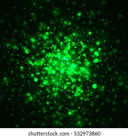 Vector green glowing light glitter abstract background. Magic energy glow light effect. Star burst with sparkles on black background.