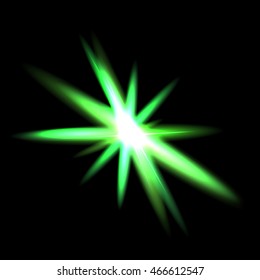 Vector green glowing lights on transparent background. Special effect light rays. Spark, star burst, flash. Spotlight flare. Illumination.