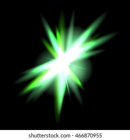 Vector green glowing lights on transparent background. Special effect light rays. Spark, star burst, flash. Spotlight flare. Illumination.