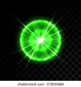 Vector green glowing lights on transparent background. Special effect light rays. Spark, star burst, flash. Spotlight flare. Illumination.