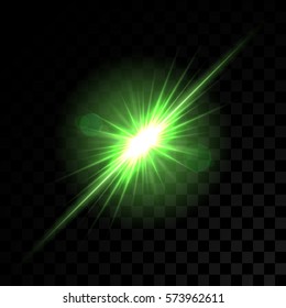 Vector green glowing lights on transparent background. Special effect light rays. Spark, star burst, flash. Spotlight flare. Illumination.