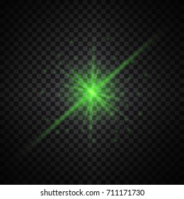 Vector green glowing lights on transparent background. Special effect light rays. Spark, star burst, flash. Spotlight flare. Illumination.
