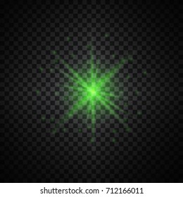 Vector green glowing lights on transparent background. Special effect light rays. Spark, star burst, flash. Spotlight flare. Illumination.